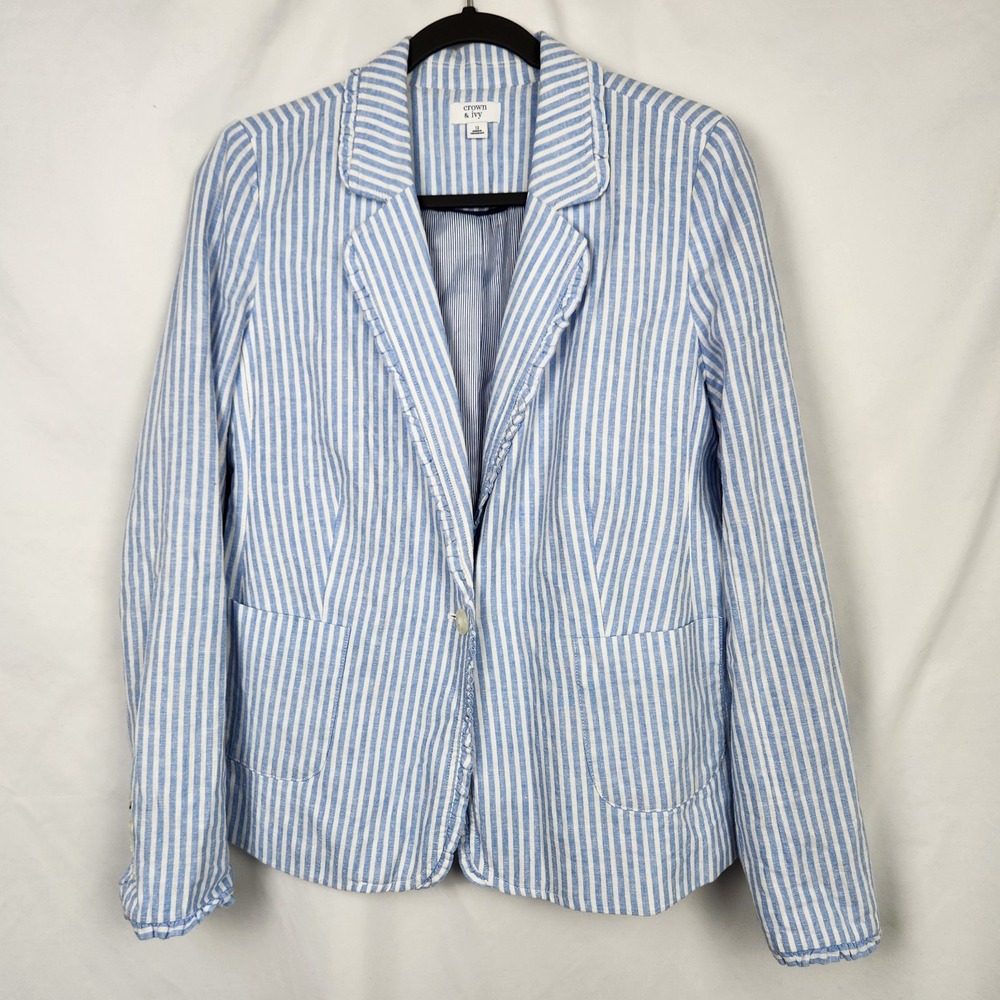 Crown & Ivy Womens Blazer Size 12 Linen Cotton Blend Blue White Striped Ruffle